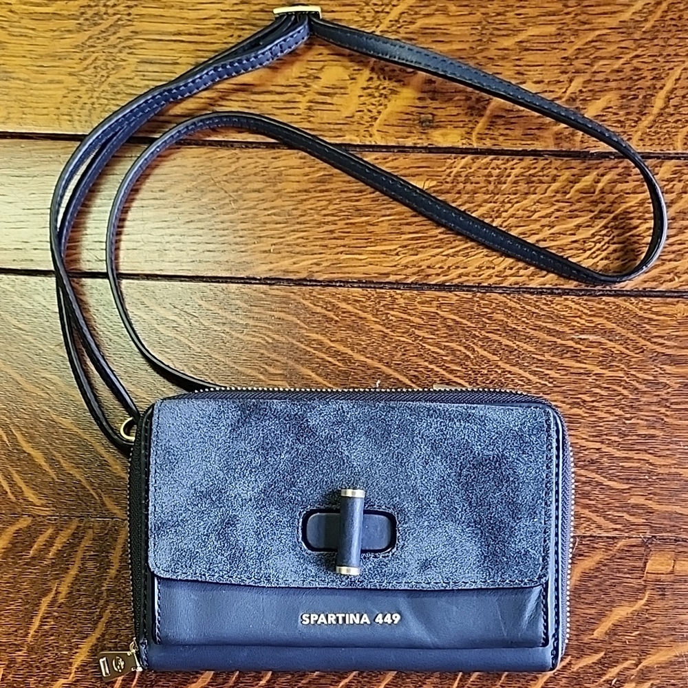 Spartina 449 Leather Crossbody Purse Clutch Navy Blue Small Suede Beachcore Date